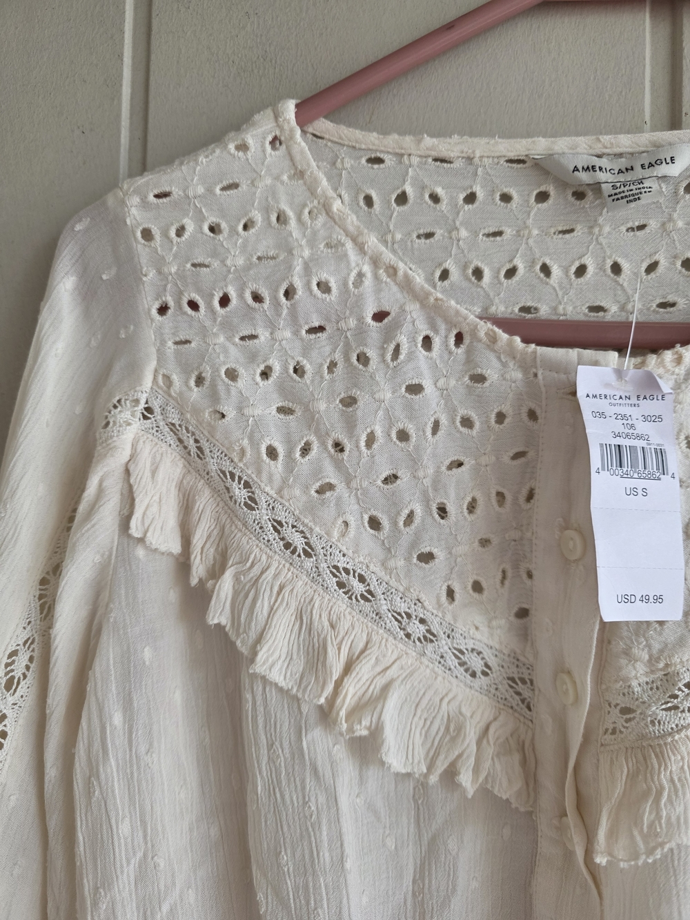 American Eagle Outfitters Peasant Eyelet Button-Front Blouse SZ SMALL NEW BOHO - Picture 3 of 11